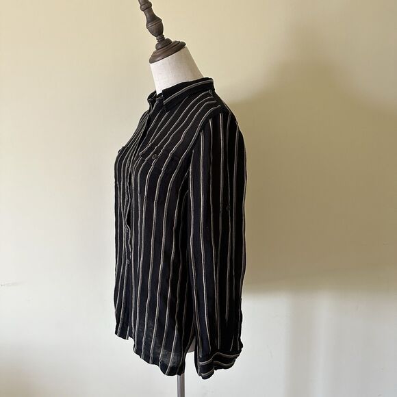 Lauren Ralph Lauren Petite P/L Silk Linen Blouse Black Beige‎ Stripe Button Down - Picture 2 of 10